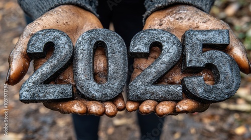 Hands holding the numerals 2025 covered in soil and dirt, symbolizing future environmental concerns, sustainability challenges, and the hope for a greener planet