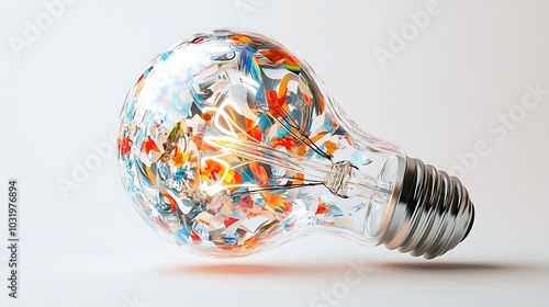 Digital rendering of a lightbulb filled with abstract shapes and patterns, representing the complexity and depth of new ideas