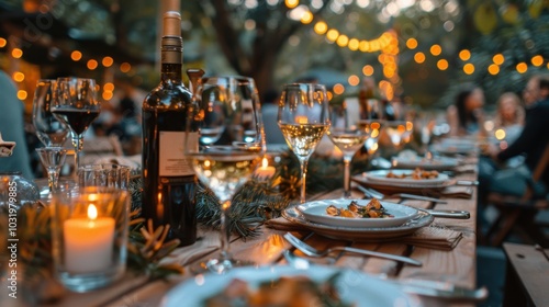 A festive outdoor dinner party setting with a beautifully decorated table featuring wine bottles, glasses, candles, and plates of food under string lights during twilight