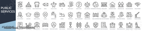 Set of 45 outline icons related to public services. Linear icon collection. Editable stroke. Vector illustration