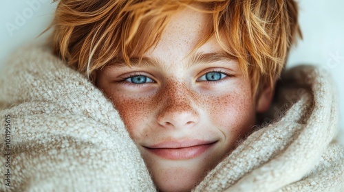 A young child with striking red hair and freckles smiles warmly while wrapped snugly in a textured blanket. The image conveys warmth and innocence indoors.