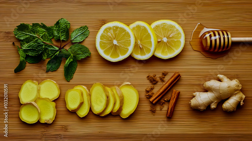 Flat lay of detox tea ingredients arranged on a wooden surface.