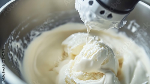 Creamy ice cream mixture being prepared in a metal bowl with a mixer.