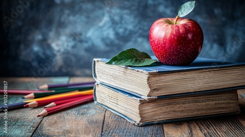 Open textbook with an apple placed on top pencils scattered around evoking a traditional back to school theme Stock Photo with side copy space