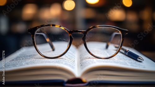 A pair of glasses resting on top of a textbook surrounded by pens and sticky notes on a sleek background Stock Photo with side copy space