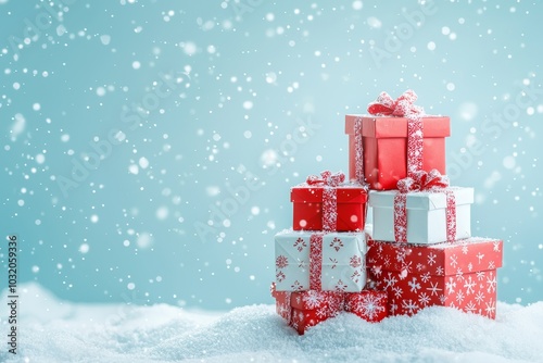 Festive gift boxes stacked in the snow during a serene winter snowfall