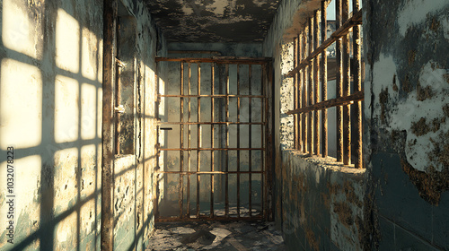 Prison cellblock with rusting iron bars, crumbling concrete walls. The style hyper-realistic photograph taken in daylight 