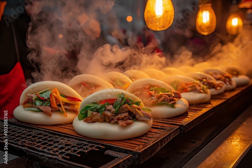 Soft and Fluffy Bao Buns Filled With Pork and Vegetables, Served in a Trendy Street Food Stall With Hanging Lanterns and Busy Market Streets, Food Photography, Menu Style Photo Image