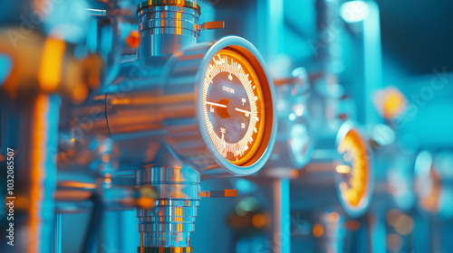 Close up of a gauge with an orange display reading 60 PSI in a industrial setting.