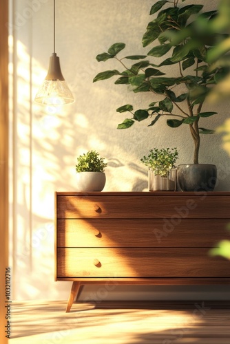 A wooden dresser in a room adjacent to a potted plant