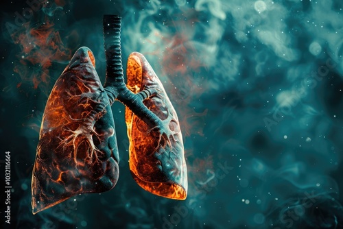 Close-up shot of human lungs engulfed in flames, ideal for medical or emergency response-themed illustrations