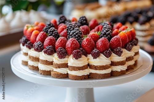 Heart shaped cake decorated with fresh fruit standing on a white cake stand