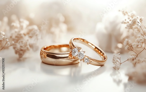 Sophisticated golden wedding rings set against a pure white background, representing the timeless love symbol in exquisite product photography