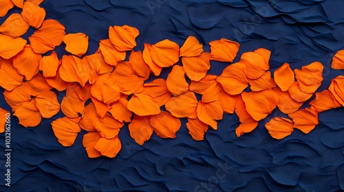 cascading orange marigold petals create an abstract, flame-like pattern against a deep indigo backdrop, evoking the warmth and vibrancy of may's flowering abundance