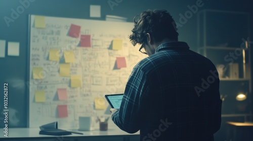 Startup founder brainstorming on a whiteboard while checking emails on a tablet, energetic environment, post-it notes scattered