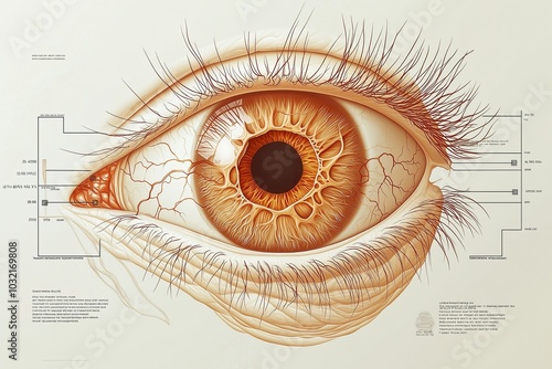 Detailed medical illustration showcasing the progression and anatomy of the human eye with labeled structures and pathways