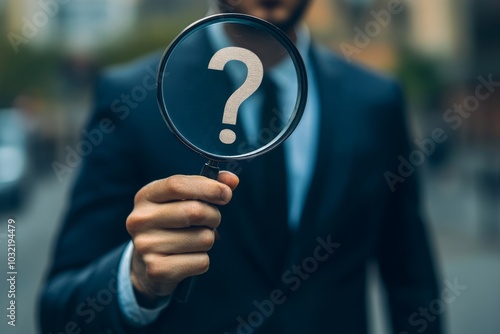  Problem analysis or problem management, analyze or investigate for root cause or incident, finding solution or discover threat or uncertain, businessman with magnifying glass analyze question, Genera