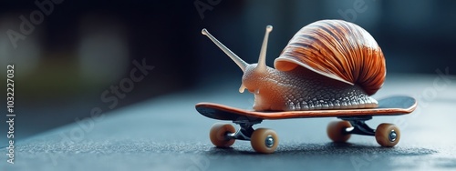 Un escargot sur un skateboard, photo réaliste amusante et drôle, arrière-plan de nature flou.