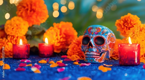 Un crâne mexicain du Jour des Morts avec des fleurs et des bougies sur une table.