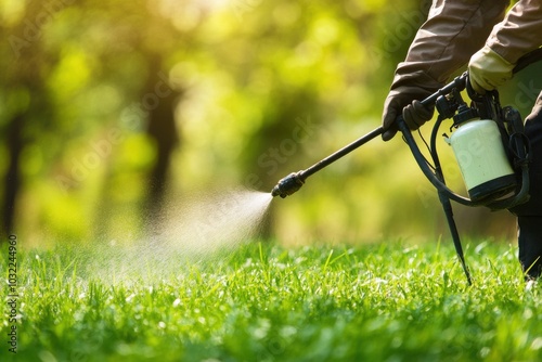 Close-up of pest control chemicals being applied to a lawn