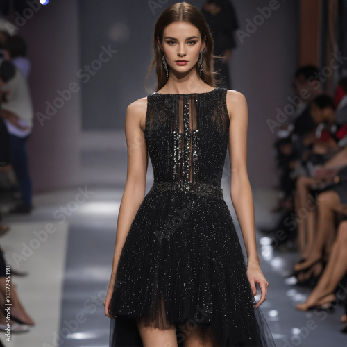 Fashion model on runway wearing a stunning black evening dress