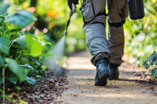 Technician using modern equipment to spray pesticide in a garden area