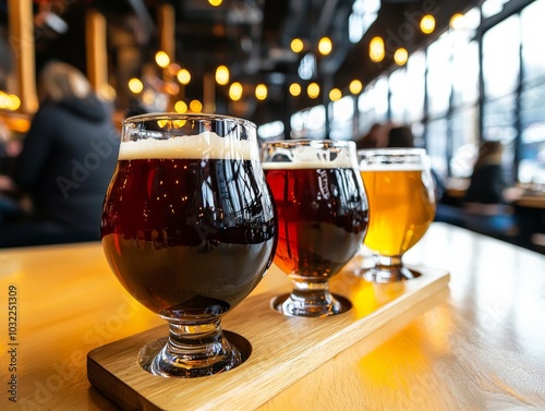 A craft beer tasting in a small, urban brewery, with patrons sampling flights of beer from different styles, from pale ales to stouts, in a modern industrial setting.