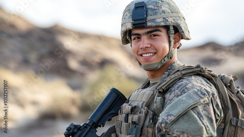 A young male soldier in desert combat gear smiles confidently during a military operation in a desert environment, holding a rifle.