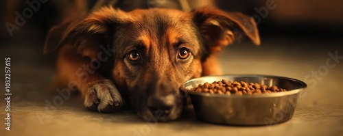 Young dog lying patiently in front of its food bowl, eyes fixed on the kibble, waiting for the moment to eat, dog anticipation, moment of hope and self-restraint