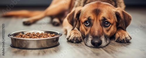 Young dog lying patiently in front of its food bowl, eyes fixed on the kibble, waiting for the moment to eat, dog anticipation, moment of hope and self-restraint