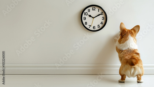 pembroke corgi dog standing in front of wall clock waiting long time impatiently isolated white background