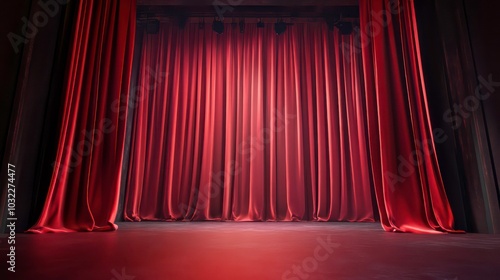 A pair of red velvet curtains are pulled back to reveal a dark stage with a spotlight.