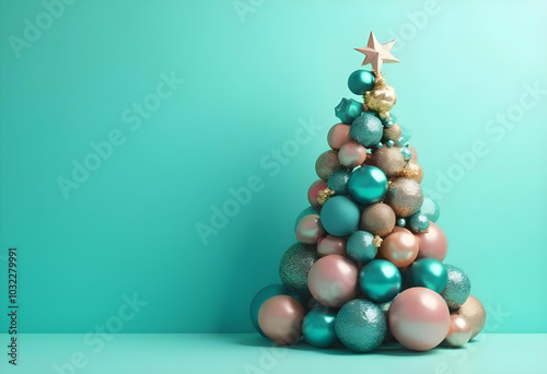 festive Christmas tree made of colorful ornaments in shades of teal, pink, and gold, set against vibrant turquoise background, radiates holiday cheer and joy