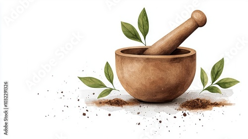 A mortar and pestle illustration, kitchen tool, watercolor style, earthy tones, isolated on white background