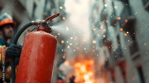 Heroic firefighters wielding twirling fire extinguishers applying suitable fire retardant agents to fight back encroaching flames in a dramatic