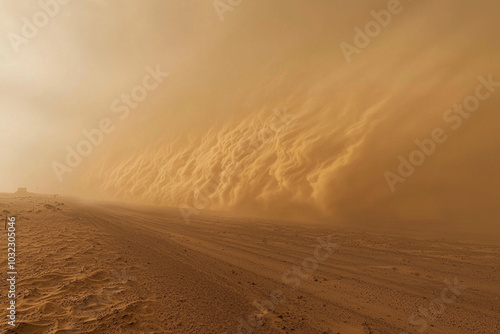 Massive sandstorm approaches a remote desert road during daylight