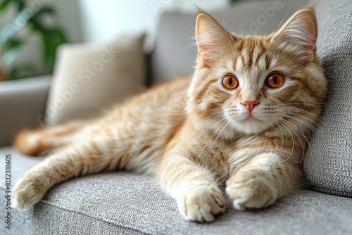 Cute red scottish fold cat with orange eyes lying on grey textile sofa at home