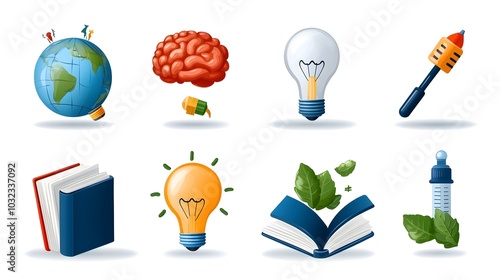 Minimalist line icon set featuring symbols of knowledge intelligence and creativity including a book brain light bulb and globe representing the concepts of learning education innovation