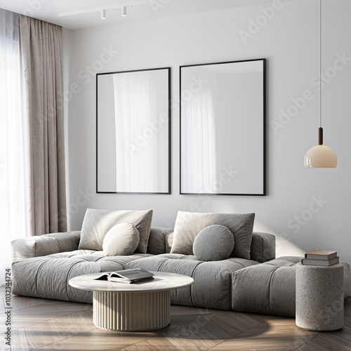 Frame mockup, ISO A paper size. Living room wall poster mockup. Interior mockup with house background. Modern interior design. 3D render