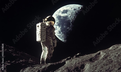 Lone astronaut gazes at Earth from the moon's surface, lost in contemplation of the vastness of space, Generative AI