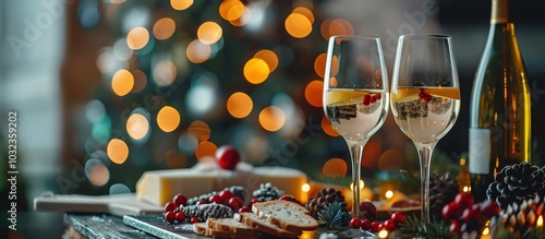 Festive holiday table with champagne, cheese, bread, and grapes with Christmas lights in background