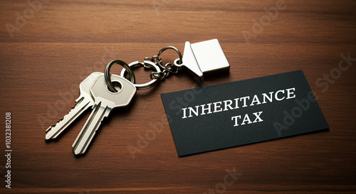 Keys with inheritance tax label on a wooden surface emphasizing financial planning and estate management