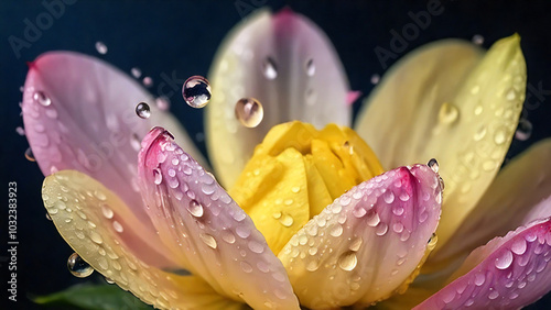 Exotic flower with pink petals and a yellow center, macro view with water droplets.