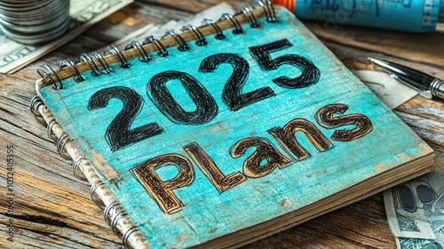 A notepad with '2025 Plans' visible lies on a wooden surface, accompanied by cash and a pen, highlighting personal goal setting and financial strategies