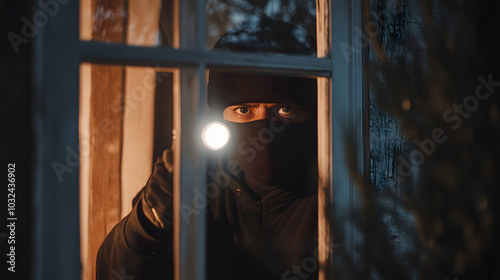 Burglar With Flashlight Looking through A House Windows, criminal thief search for valuables to steal