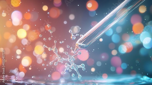 Chemical synthesis concept. Test tube filled with reactive liquids, tiny bubbles rising to the surface, vibrant color gradients, extreme close-up, chemical synthesis, experimental scene