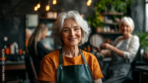 Elderly woman enjoys a stylish haircut in a vibrant salon with fellow seniors, showcasing beauty and confidence in her 70s during a lively salon visit