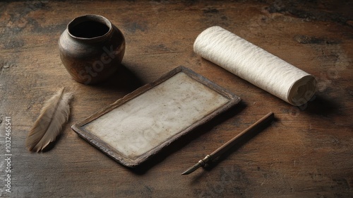 Closed Roman wax tablet with bronze stylus inkpot and rolled vellum scroll nearby