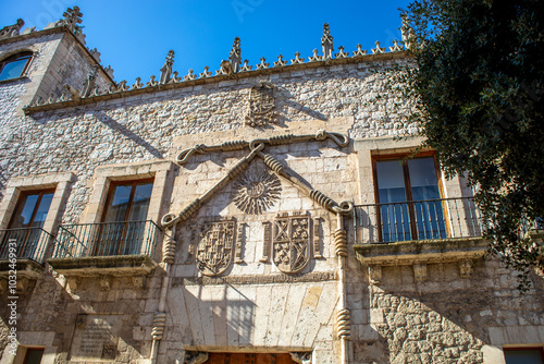 Detail of the Casa del Cordon or Palace of the Constable of Castilla de Burgos, Castilla y Leon, Spain with daylight