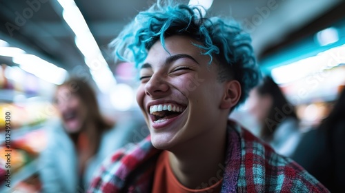 Captured in a grocery aisle, a blue-haired woman laughs joyously, exuding a lively, spontaneous energy, set against a backdrop of products and bright lights.